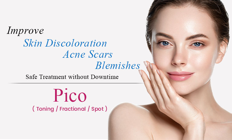 Improve skin discoloration, acne scars, blemishes. Safe treatment without downtime. Pico toning, fractional, spot